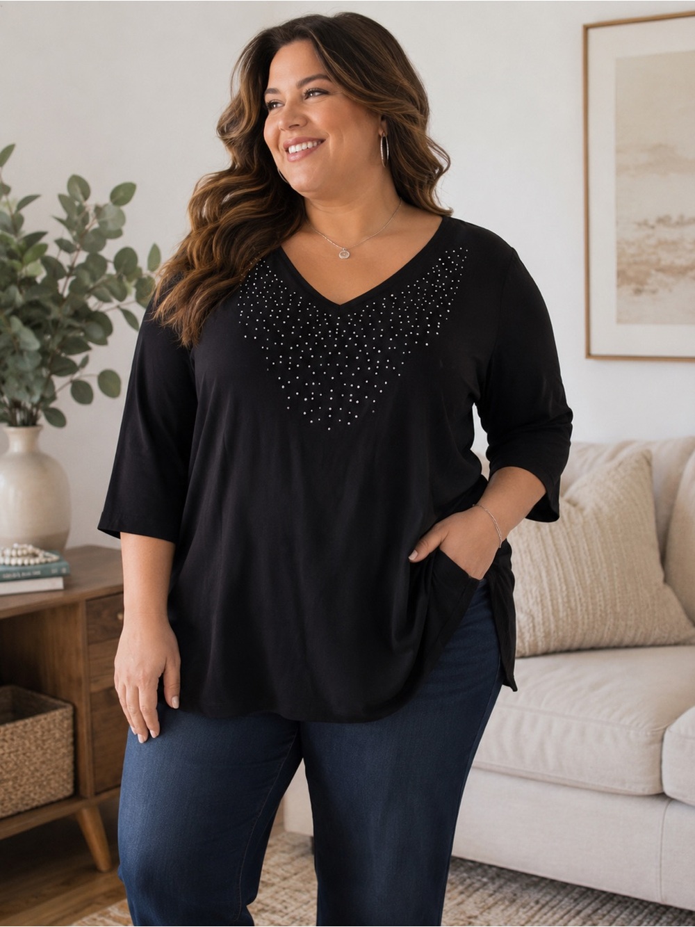 Catherines 3X Black Rhinestone V-Neck Tunic Top 3/4 Sleeve Stretch NWT - Picture 1 of 10
